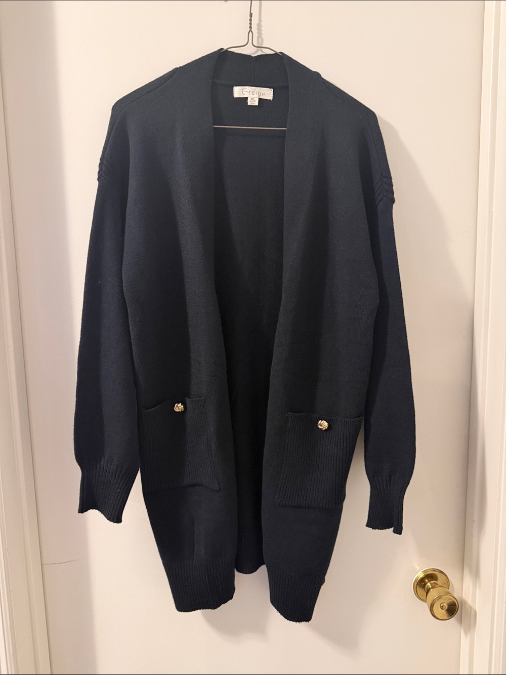 Greige Open-Front Black Pocket Cardigan with Gold Buttons size XL UGC